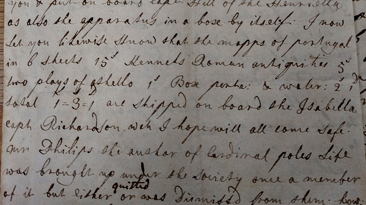 Detalle de la carta de John Preston donde hace la demanda de envío de dos ejemplares de Otelo de Shakespeare, hallada por el profesor John Stone en el archivo del English College en Ushaw House.   