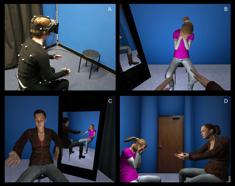 A - The participant in the virtual reality setup where she sees and talks. B - The virtual crying child that is in a virtual chair that is in the same place in the virtual world as the real chair in the real room. Note that the participant could see her body representation in the mirror to the left, and also could see her virtual body when directly looking towards herself. Here we see the hands. C - The view of the participant giving her compassion intervention, but now seen from within the body of the child. Note the mirror to the right. D - A third person view of the scenario. Credit: Aitor Rovira (UCL Computer Science)