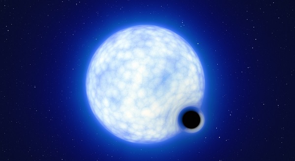 El forat negre descobert ara té almenys nou vegades la massa del nostre Sol, i orbita al voltant d’una estrella calenta i blava que posseeix vint-i-cinc vegades la massa solar.  Imatge: ESO/L. Calçada