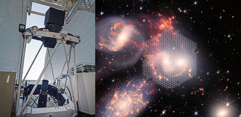 Esquerra: el telescopi William Herschel amb l’instrument WEAVE. El posicionador de fibres del WEAVE és a la caixa negra d’1,8 metres, situada sobre l’anell superior. Les fibres òptiques recorren l’estructura del telescopi fins a la plataforma de l’esquerra, que allotja l’espectrògraf. Crèdit: Sebastian Kramer. Dreta: imatge del telescopi espacial James Webb (JWST) del quintet de Stephan, amb el contorn de l’apuntat del LIFU del WEAVE per a l’observació de la primera llum. Cada cercle indica una fibra òptica de 2,6 segons d’arc de diàmetre. L’observació proporciona informació física de les diferents regions de cadascuna de les galàxies, així com del seu entorn immediat, amb la qual cosa, d’un extrem a l’altre, abracen 120.000 anys llum. Crèdits: NASA, ESA, CSA, STScI (imatge de fons); Aladin (superposició amb fibres).