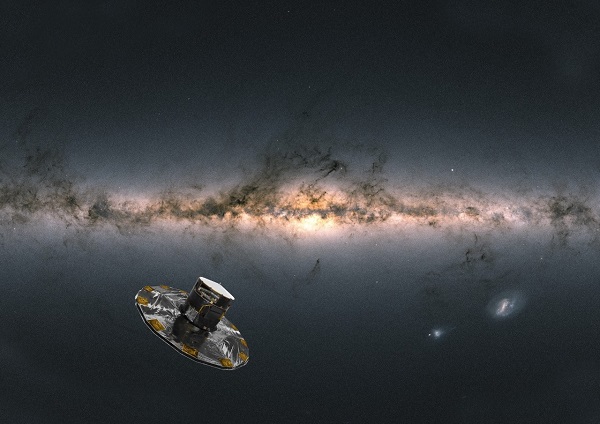 Il·lustració artística del satèl·lit Gaia de l’ESA, es mostra sobre una imatge de fons del cel que es va compilar utilitzant les dades de Gaia de més de 1.800 milions d’estrelles observades. Crèdits: Nau espacial: ESA/ATG medialab; Via Làctia: ESA/Gaia/DPAC; CC BY-SA 3.0 IGO. Agraïments: A. Moitinho