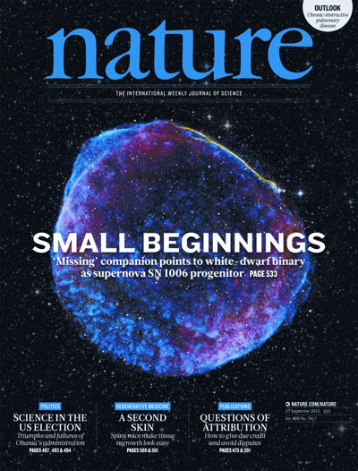 Imatge de la portada del número del 27 de setembre de la revista <i>Nature</i>. La fotografía correspon al romanent de la supernova SN 1006 localitzada a aproximadament 7.000 anys llum de la Terra. Foto: NASA