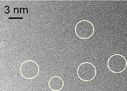 Nanocristalls que es poden distingir com a plans cristal.lins (ordenats) en mig d