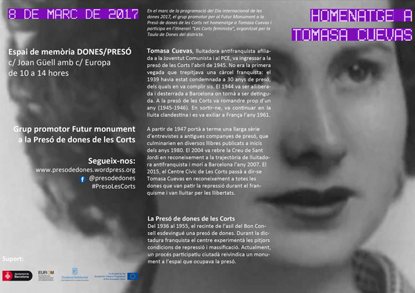 L’activitat, organitzada pel Grup promotor per al futur monument de l’antiga presó de dones de les Corts, recordarà la vida i obra de l’ex-presa política Tomasa Cuevas.