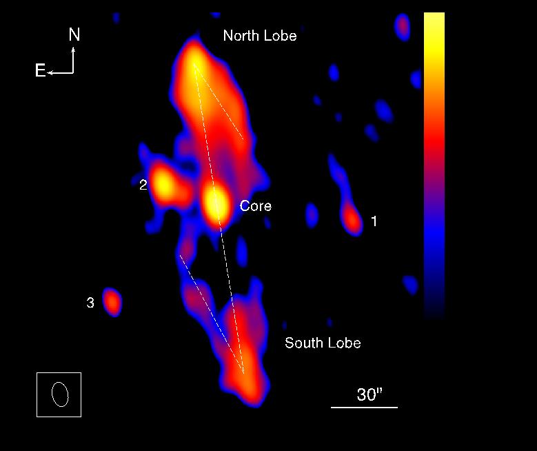 Imatge del microquàsar GRS 1758-258 obtinguda amb el radiotelescopi Jansky Very Large Array en ones de ràdio a la freqüència de 5 GHz. La línia blanca discontínua indica la trajectòria en forma de Z que forma el flux de plasma relativista ejectat des de les proximitats del nucli central, on resideix el forat negre.