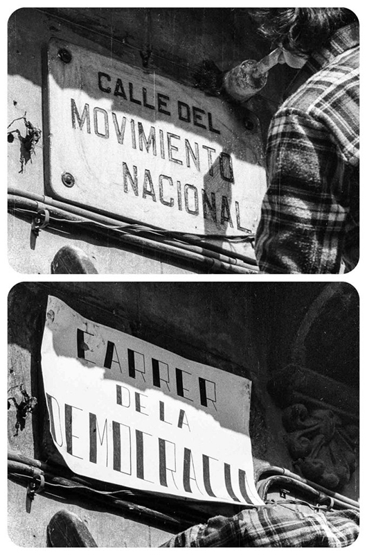Acció contra la retolació franquista dels carrers, al barri del Clot (Barcelona, 27 de març de 1977). Foto: Robert Ramos