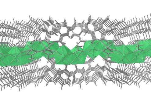 Imatge d’una monocapa del material Dy 2D MOF, preparat pel GMMF. Els poliedres verds representen els poliedres de coordinació dels centres Dy.
