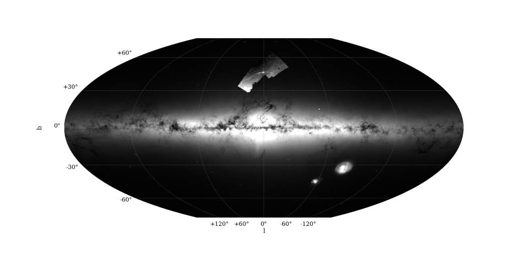 Mapa del pla de la Via Làctia obtingut a partir de les dades del catàleg de Gaia (eDR3). En la part superior es mostra una regió on s’observa el cúmul estel·lar de Palomar 5 i les seves cues de marea (dades obtingudes gràcies al DESI Legacy Imaging Survey, DECaLS). Imatge: E. Balbinot, Gaia, DECaLS-DESI