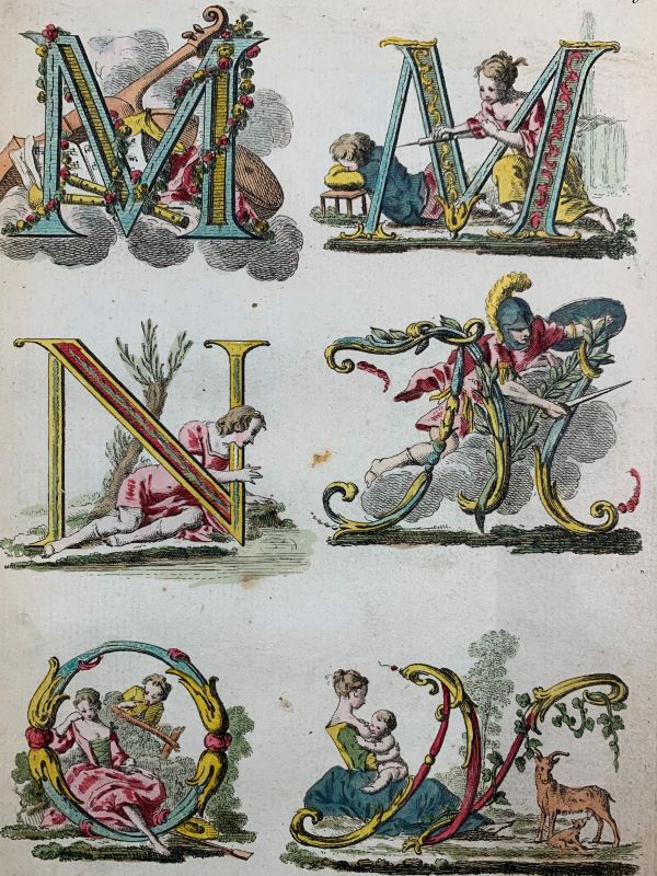Inicials rococó en el <i>Dictionnaire de chifres et de lettres ornées</i> de Pouget (1767).