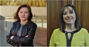 D'esquerra a dreta, les catedràtiques Carmen Escolano i Mercè Pallàs, de la Facultat de Farmàcia i Ciències de l'Alimentació de la UB.