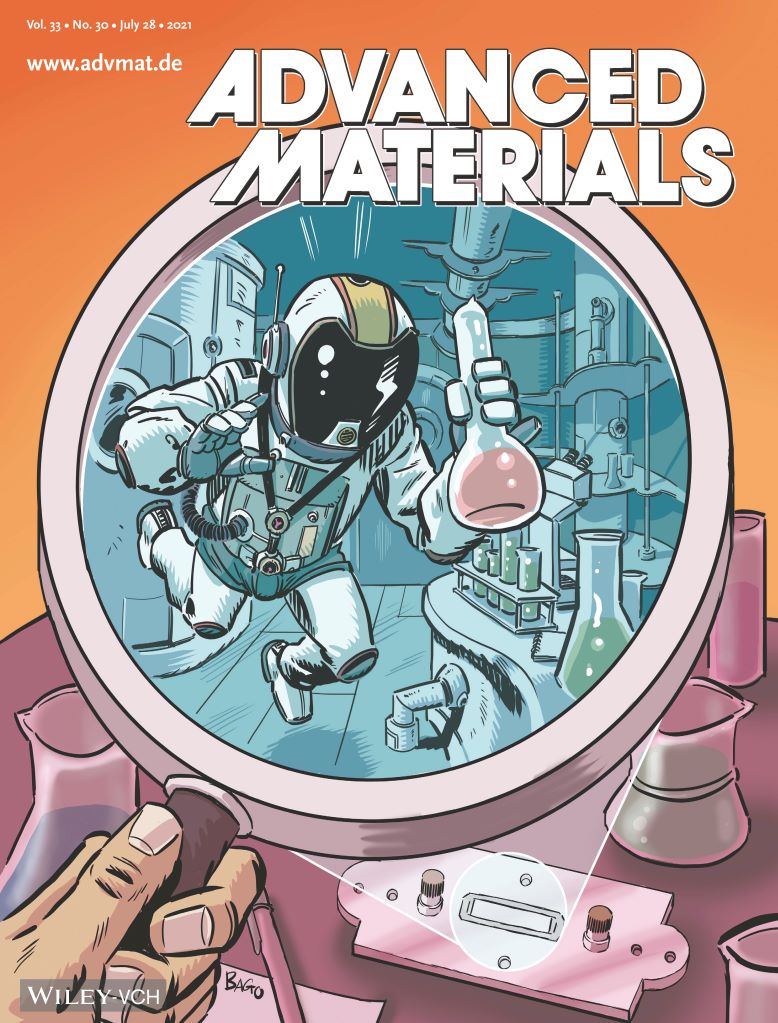 Portada de la revista <i>Advanced Materials</i>. La il·lustració que representa la recerca liderada per la UB és del dibuixant de còmic granadí Adrián Bago.