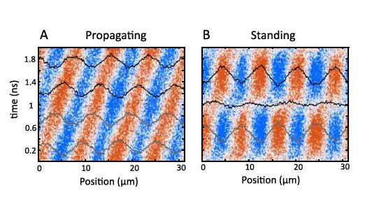 Una ona de propagació i una ona de magnetització estacionària en níquel ferromagnètic, impulsada per l’acoblament magnetoelàstic a una ona acústica de superfície (SAW) en un substrat piezoelèctric de LiNbO3. Les imatges combinen perfils de línies (el color indica la direcció de magnetització local) en diferents temps entre el pols de raigs X de la sonda i l’excitació elèctrica de l’ona acústica de superfície.