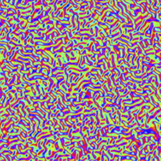 Disordered pattern of eddies of a characteristic size. The color code indicates the local orientation of the liquid crystal. 