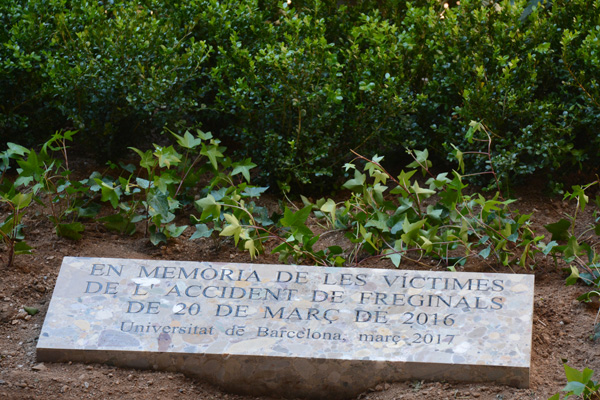Placa en record de les víctimes al jardí Ferran Soldevila de l’Edifici Històric.