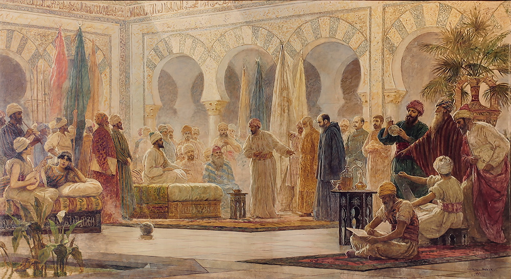 <i>La civilització del califat de Còrdova en temps d’Abd al-Rahman III</i>, de Dionís Baixeras (1885). El quadre es troba al Paranimf de la UB.