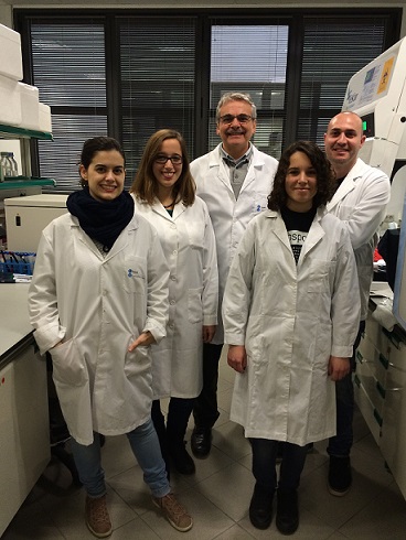 D'esquerra a dreta, els investigadors Ester Ruiz, Laura Sòria, Lluís Santamaria, Ester Gil i David Cabrerizo.