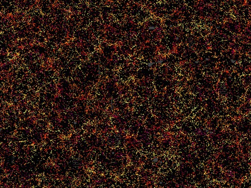 Secció del mapa de l’estructura a gran escala de l’Univers obtingut pel programa BOSS del consorci Sloan Digital Sky Survey III. Cada punt de la imatge indica la posició d’una galàxia la llum de la qual va ser emesa fa 6.000 milions d’anys. Cada color indica la distància a la Terra, en un rang que va des del groc per a les més properes fins al violeta per a les més llunyanes. La distribució de les galàxies forma cúmuls, filaments i buits que constitueixen el que es coneix com a xarxa còsmica. Crèdit de la imatge: Daniel Eisenstein / SDSS-III.