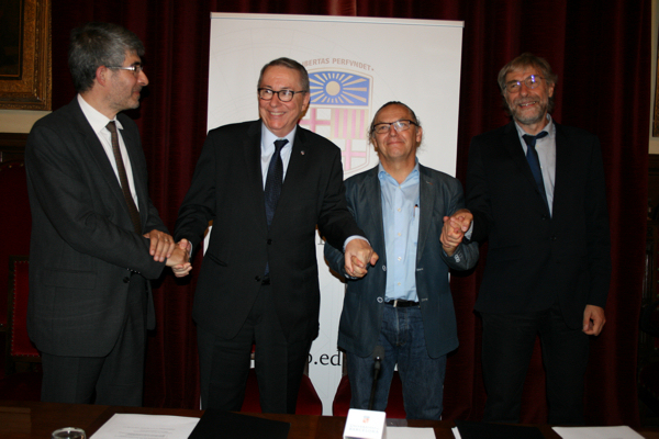 D'esquerra a dreta, Gilles Bloch, rector de París-Saclay; Dídac Ramírez, rector de la Universitat de Barcelona; Enric Fossas, rector de la UPC, i Gilles Trystram, director general d'AgroParisTech.